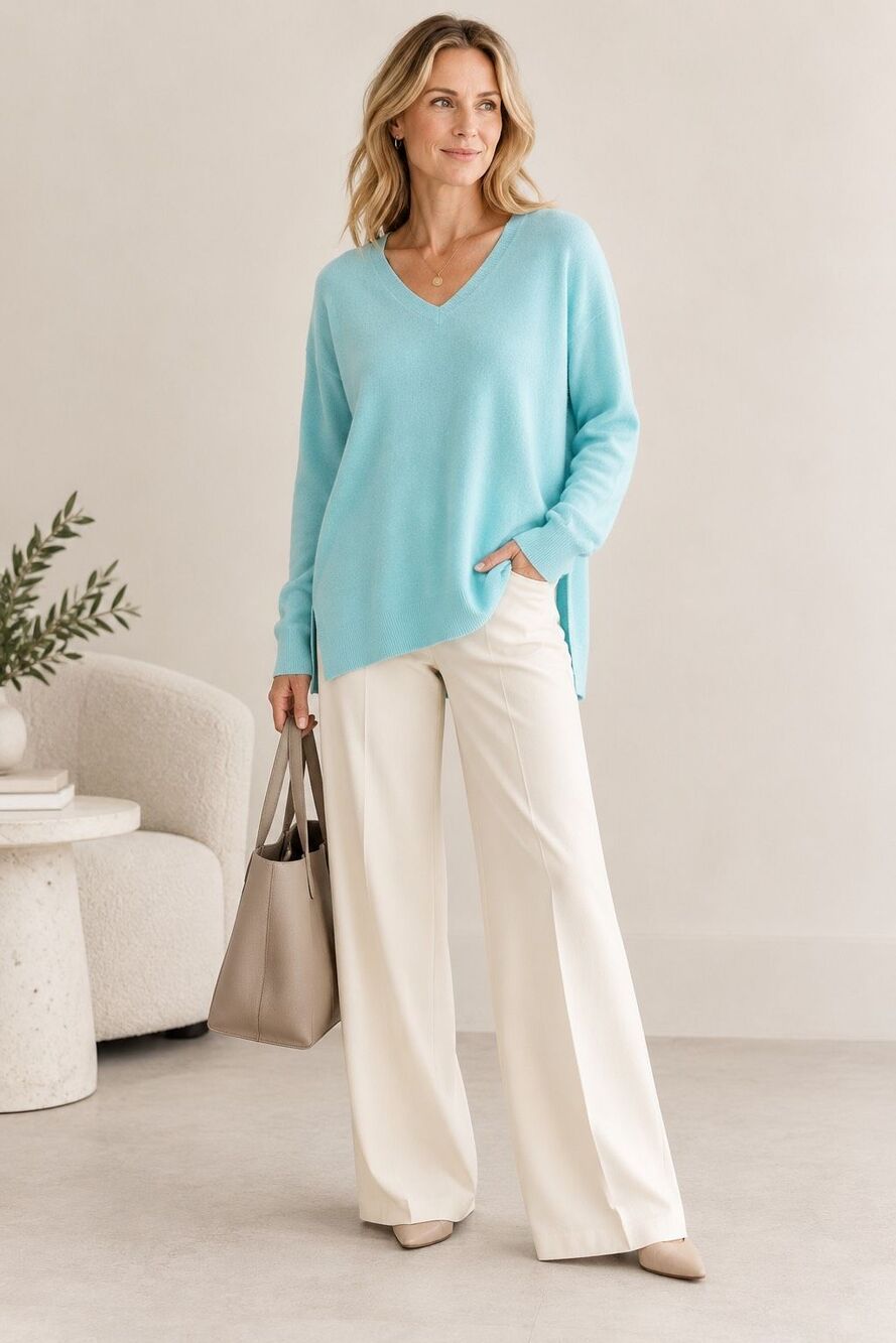 White + Warren 100% Cashmere Blue V Neck Tunic Sweater Size S